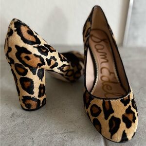 Sam Edelman Stillson Leopard Leather Pumps Sz 8 Animal Print Textured Block Heel